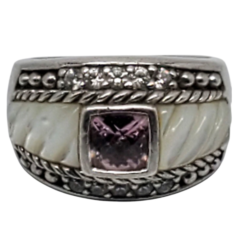 Judith Ripka Sterling Silver Mother Of Pearl Pink & White CZ Ring Size 7 #21152